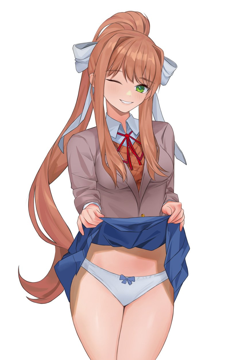 1female 1girls 5_fingers aris4rt blue_bow blue_panties blue_skirt blush bow bow_panties breasts doki_doki_literature_club female flashing flashing_panties green_eyes lifted_skirt lifting lifting_skirt long_hair monika_(doki_doki_literature_club) panties presenting presenting_panties school_uniform seductive skirt skirt_lift skirt_lifted_by_self