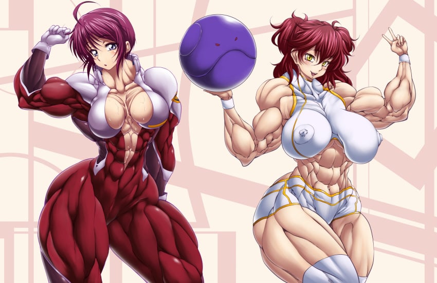 2girls abs breasts erect_nipples extreme_muscles highres huge_breasts huge_nipples impossible_clothes multiple_girls muscle muscular_female nipples purple_eyes purukogi_(plasma_beach) red_hair simple_background sweat yellow_eyes