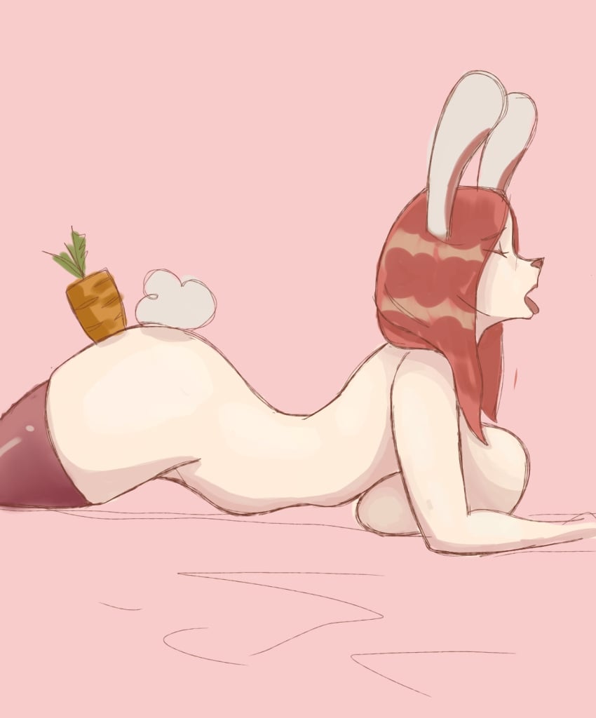 breast_squeeze bunny_ears bunny_girl carrot carrot_in_pussy character_request closed_eyes furry furry_female laying_down legwear masturbating rabbit_tail red_hair red_legwear tongue tongue_out white_bunnysuit white_tail