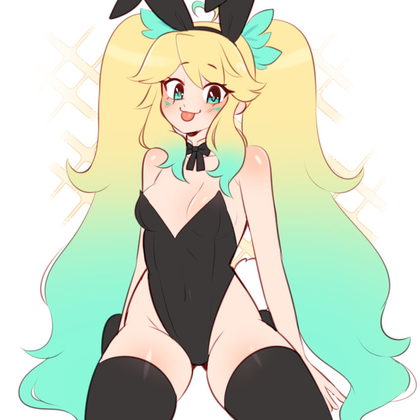 1girls :3 blonde_hair blue_eyes bowtie bunny_ears bunny_girl bunnysuit green_hair hair_ornament heart long_hair original original_character sataenart sleepyjirachi smile thighhighs tongue tongue_out