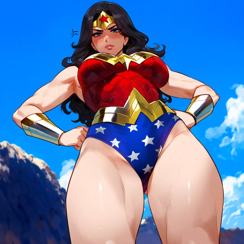 1girls ai_generated amazon bare_shoulders biceps black_hair blue_eyes blue_sky blush bracer breasts circlet closed_mouth clothing cloud crown curvaceous curvaceous_female curvaceous_figure curvy curvy_figure day dc_comics diana_prince female female_focus female_only floxin hands_on_hips headwear highleg highleg_leotard justice_league large_breasts lasso leotard lips long_hair looking_at_viewer looking_down muscular_female outdoors rock sky solo star_(symbol) star_print superhero superheroine sweat swimsuit thick_thighs thighs tiara toned voluptuous voluptuous_female wonder_woman wonder_woman_(series)