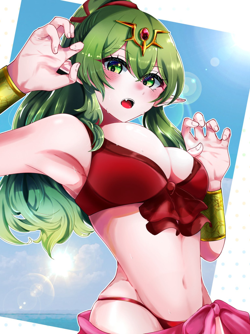 1girls alternate_costume bikini cleavage dqadrz64 fire_emblem fire_emblem_awakening fire_emblem_heroes green_eyes green_hair large_breasts looking_at_viewer nintendo oerba_yun_fang official_alternate_costume open_mouth red_bikini red_swimsuit swimsuit tiki_(adult)_(fire_emblem) tiki_(adult)_(summer)_(fire_emblem) tiki_(fire_emblem)