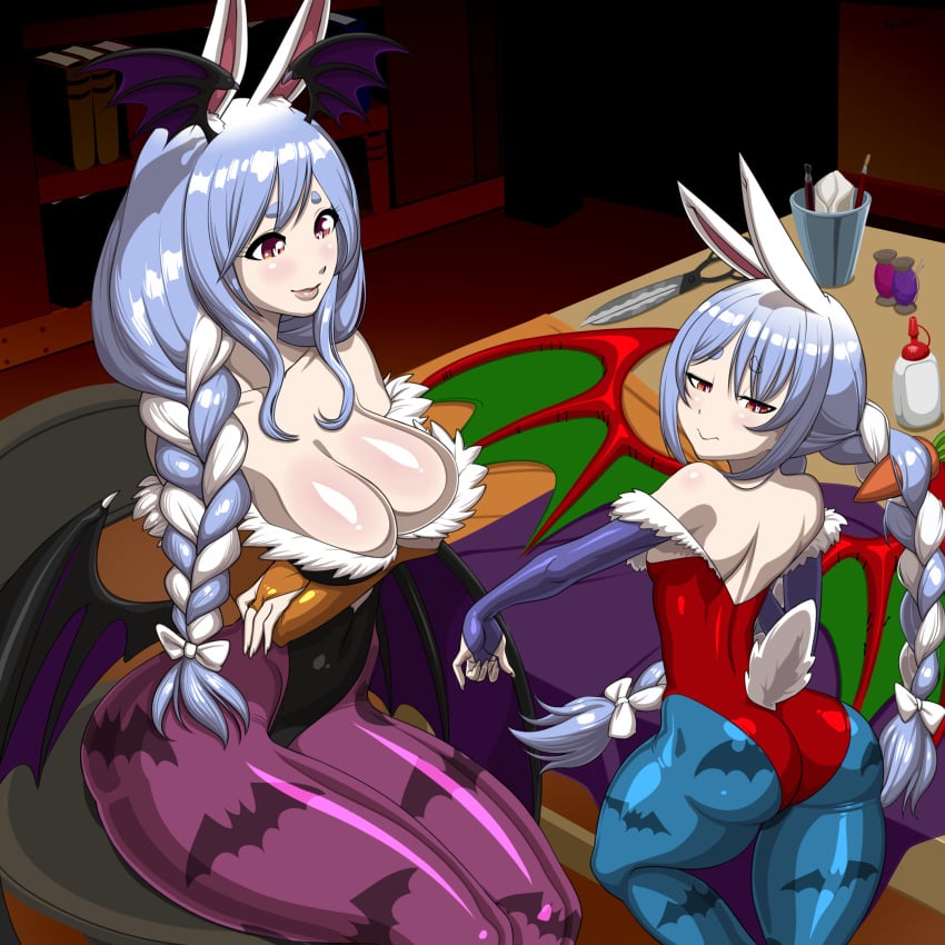 2girls animal_print ass bat_print big_ass big_breasts blue_hair blue_pantyhose breasts cosplay darkstalkers female female_only flat_chest grillofernandez head_wings hololive hololive_japan large_ass large_breasts lilith_aensland_(cosplay) milf morrigan_aensland_(cosplay) mother_and_daughter multiple_girls pantyhose pekomama purple_pantyhose usada_pekora wings