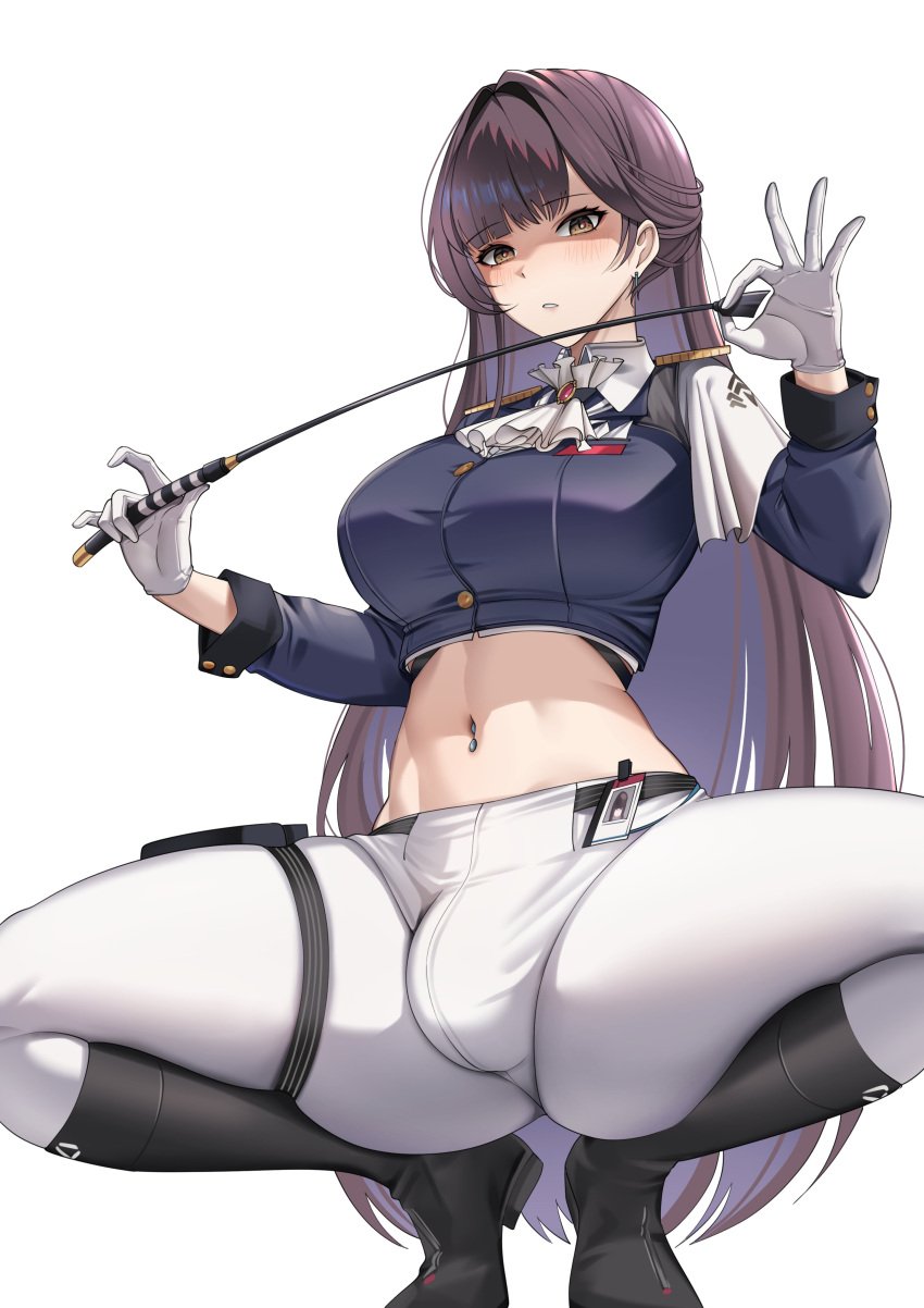 1futa big_breasts black_hair breasts bulge bulge_through_clothing clothed clothing flaccid flaccid_penis fully_clothed futa_only futanari goddess_of_victory:_nikke huge_cock human light-skinned_futanari light_skin long_hair marciana_(nikke) penis solo solo_futa squatting tight_clothing whip wujack