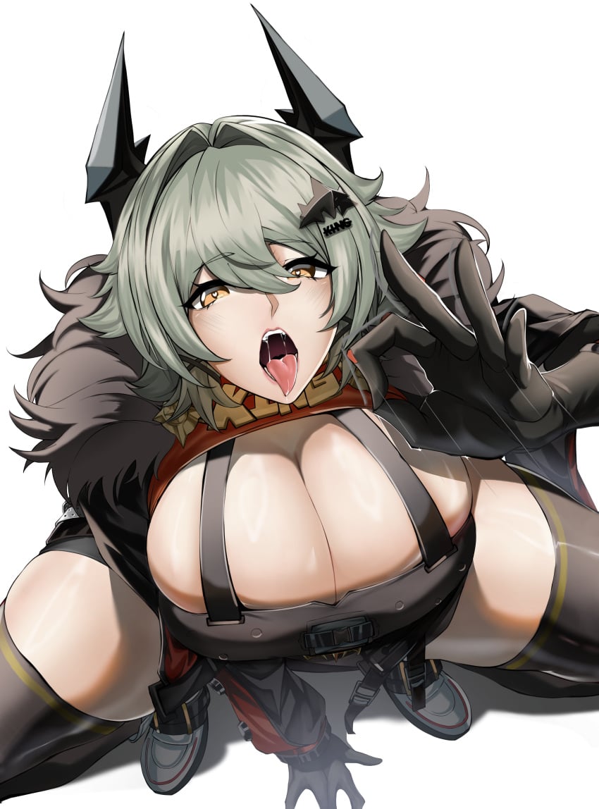 1girls absurd_res absurdres blowjob_gesture breasts caesar_king cleavage green_hair hair_ornament heart-shaped_pupils hoyoverse large_breasts looking_at_viewer oral_invitation saliva simple_background teeth thighhighs thighs tongue tongue_out white_background yellow_eyes z_enatsu zenless_zone_zero