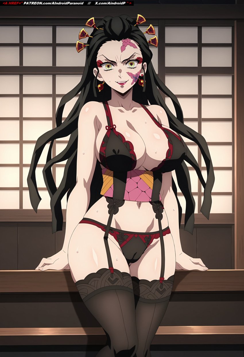 ai_generated aindroidparanoid ass big_breasts black_hair breasts cameltoe cleavage curvy daki_(kimetsu_no_yaiba) demon_slayer hourglass_figure huge_breasts huge_butt indoors kimetsu_no_yaiba large_breasts lingerie narrow_waist nipples oiran pale_skin sitting stable_diffusion yellow_eyes