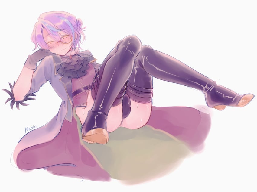 1boy 2d 2d_(artwork) androgynous artist_request blush blushing_at_viewer boots bulge coat femboy glasses gloves high_heels kamishiro_rui leather_boots looking_at_viewer male male_only no_pants project_sekai sitting smiling smiling_at_viewer solo solo_male sweat sweating tagme_(artist) tied_hair