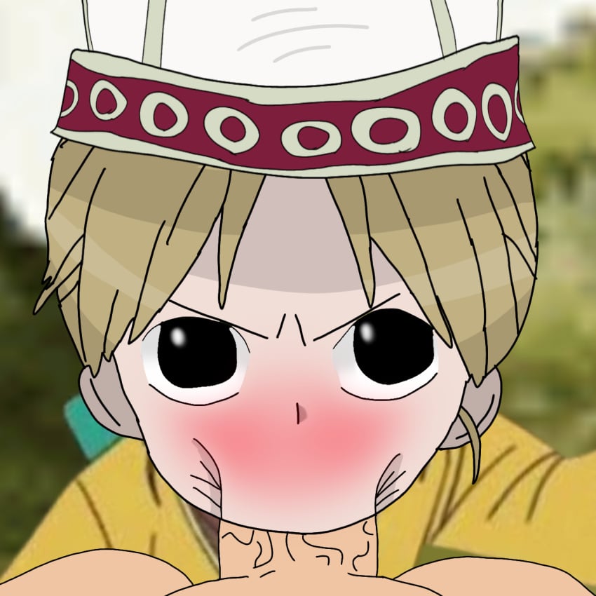 1girl :>= apis_(one_piece) artist_request bad_drawing black_eyes blonde_hair blush cock_in_mouth fellatio female hat highres looking_at_viewer low_quality male male/female monkey_d_luffy one_piece oral penis pov sex traced traced_art vacuum_fellatio veins veiny_penis young