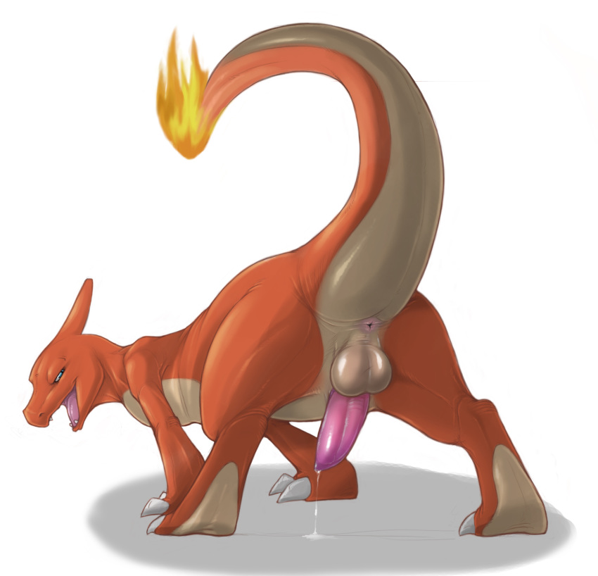 all_fours anus back_view balls beige_skin charmeleon claw claws color cum cum_drip cute_fang fire furry horn male male_only narse naughty_face nintendo nude open_mouth orange_skin penis pok&eacute;mon_(species) pokemon pokemon_(species) pokemon_rgby precum presenting raised_tail smile solo straight_hair tail tail_fire testicles white_background