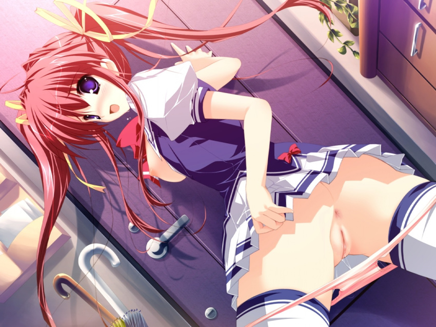 anus asakura_nanao blush bow breasts game_cg highres lyrical_lyric open_clothes open_shirt panties panty_pull pink_panties pov purple_eyes pussy pussy_juice pussy_juice_trail red_hair ribbon ribbons school_uniform shirt skirt tears thighhighs tied_hair twintails umbrella uncensored underwear upskirt