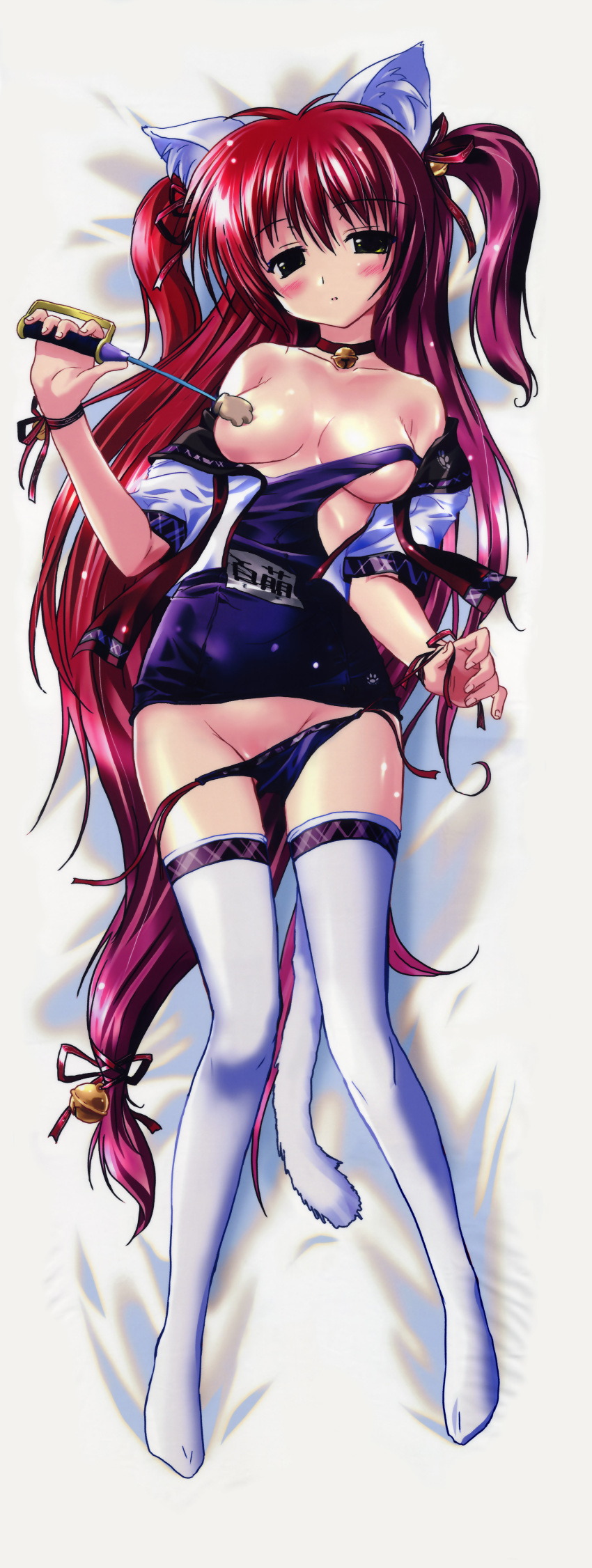 1girls animal_ear breasts copyright_request dakimakura female high_resolution komatsu_eiji long_hair one-piece_swimsuit red_hair ribbon school_swimsuit school_uniform solo swimsuit swimsuit_pull thighhighs tied_hair twintails undressing