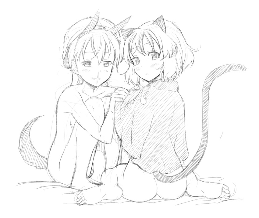 aki_no_sora animal_ears ass barefoot blood bottomless cat_ears cat_tail clothing eila_ilmatar_juutilainen feet looking_back monochrome nosebleed sanya_v_litvyak sitting strike_witches tail