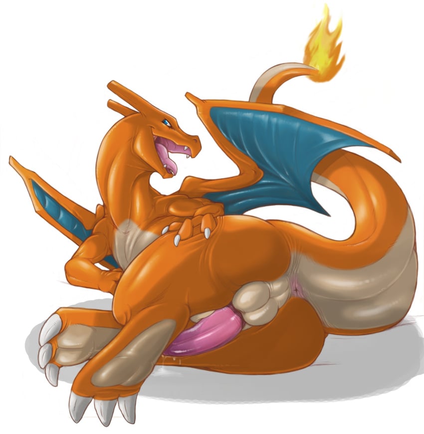 1boy 2009 anthro anus ass ass_grab balls big_ass blue_eyes charizard claw claws dragon erection fangs fire flame furry game_freak horn looking_at_viewer looking_back male male_focus male_only narse naughty_face nintendo nude open_mouth orange_body penis plain_background pokemon pokemon_(species) pokemon_rgby precum presenting presenting_hindquarters raised_tail reclining scalie smile smooth_skin solo source_request spreading tail teeth testicles tongue tongue_out white_background wings