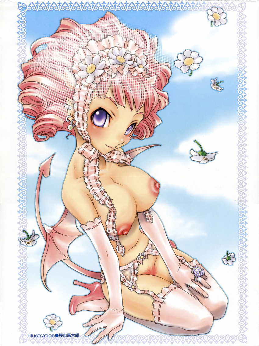 artist_request blush breasts dark_skin drill_hair female highres horns large_breasts monster_girl pink_hair pubic_hair succubus tail wings