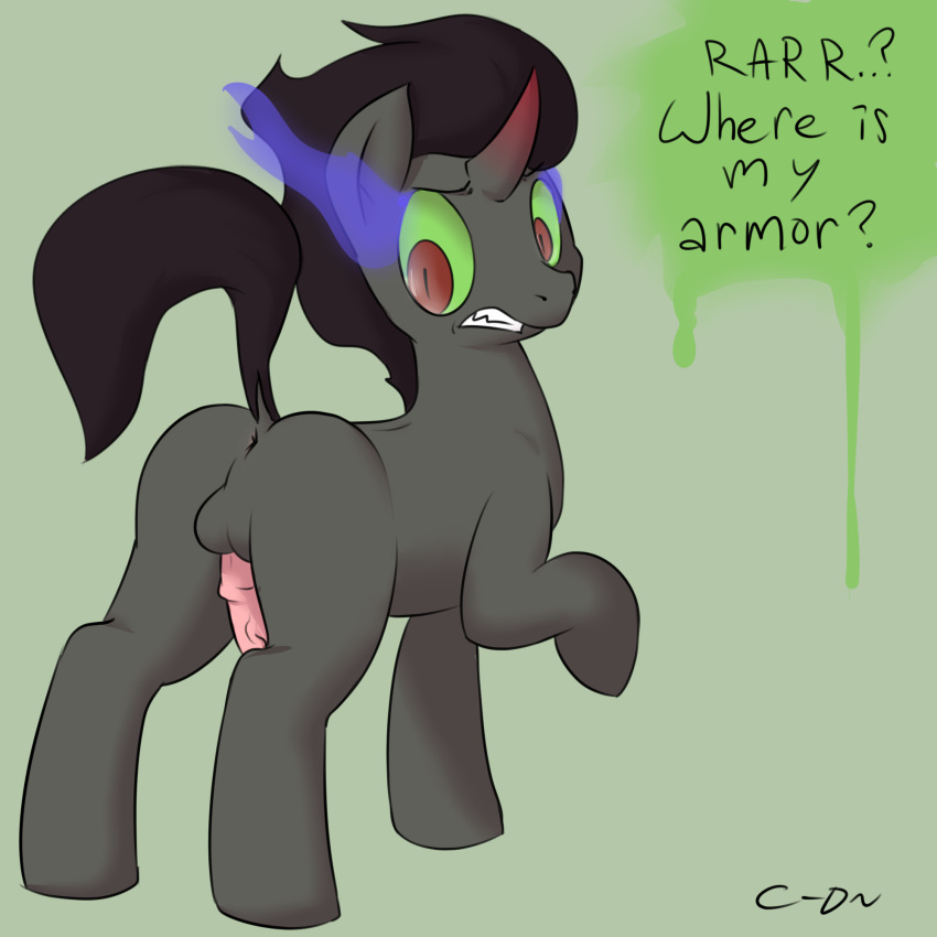 anus ass balls black_hair clopper-dude english_text equine erection eye_mist fangs friendship_is_magic green_sclera grey_fur hair horn horse horsecock king_sombra_(mlp) looking_back male male_only my_little_pony nude penis plain_background pony raised_tail red_eyes text unicorn