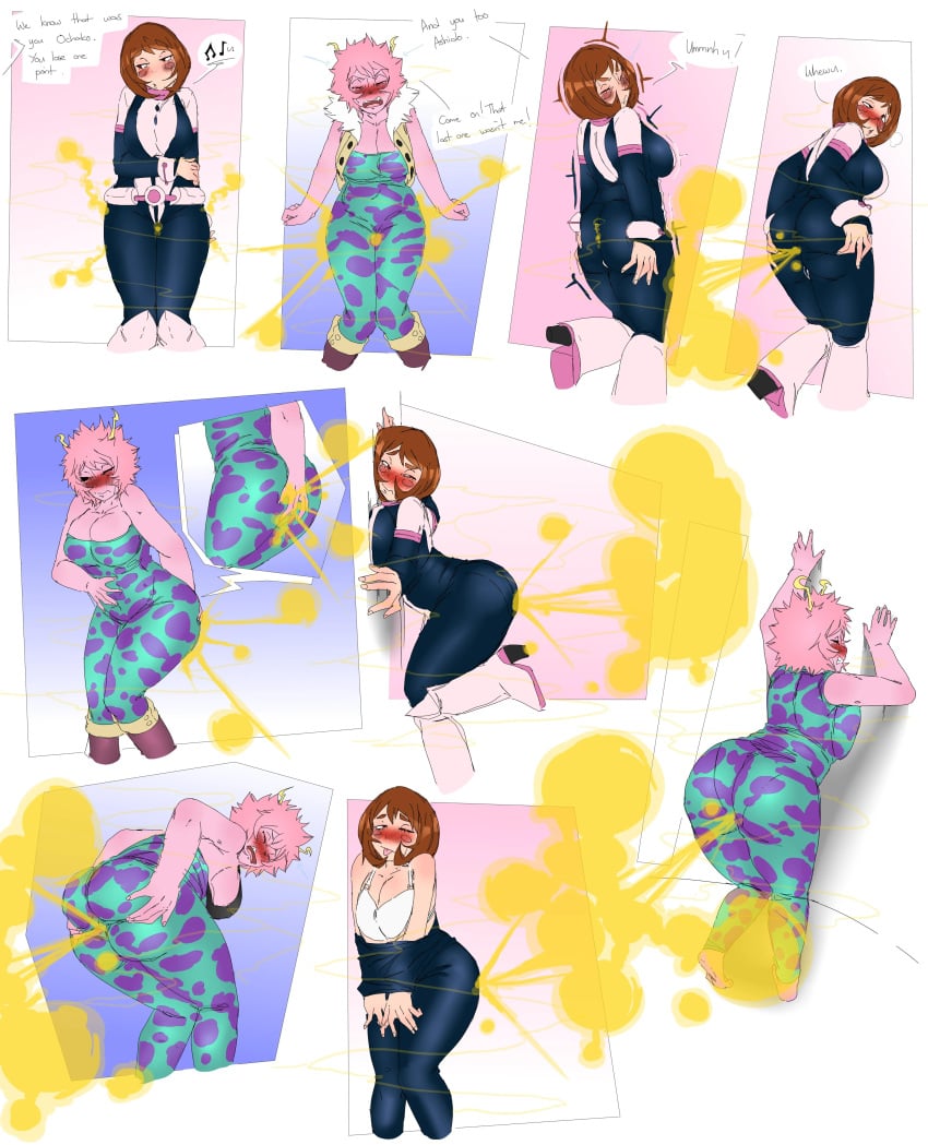 2d 2girls about_to_fart accident blush comic contest dialogue embarrassed fart fart_fetish fat_ass female lazei mina_ashido my_hero_academia ochako_uraraka stinky stripping text thick_thighs