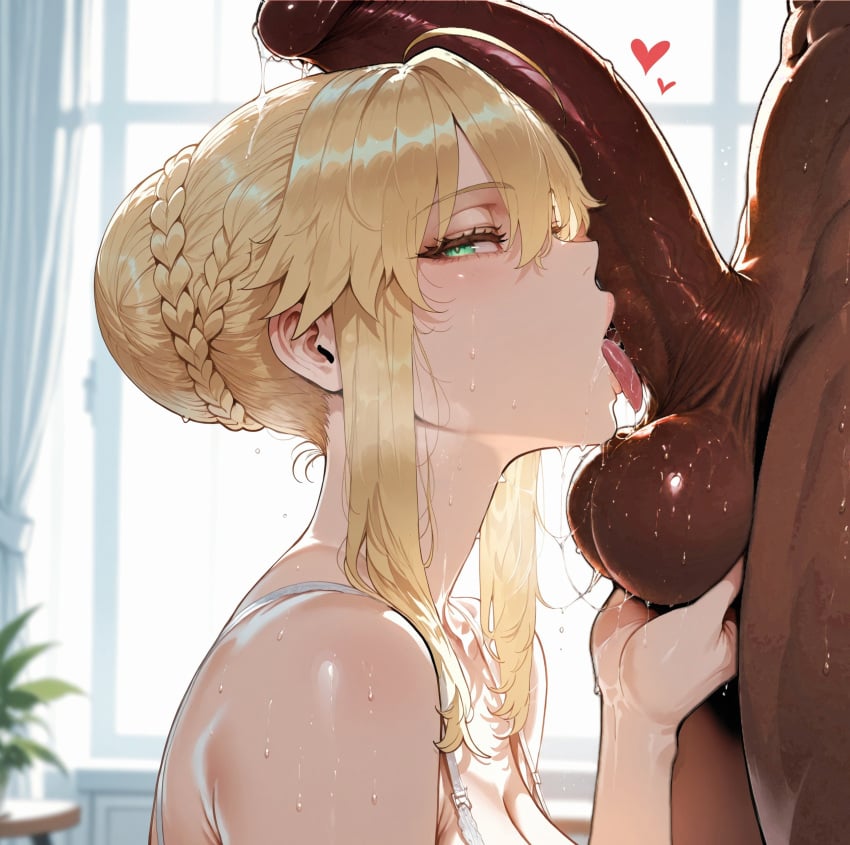 ai_generated artoria_pendragon big_penis blonde_female blonde_hair cum dark-skinned_male dark_skin fate/grand_order fate/stay_night fate/zero fate_(series) fellatio female interracial licking_penis male miyuai penis queen
