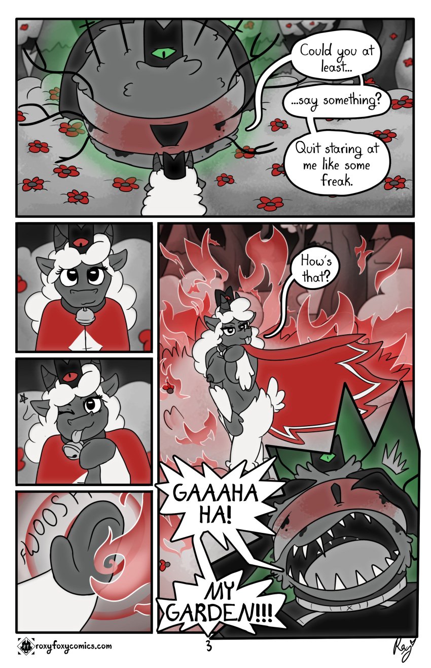 absurd_res anthro bell bell_collar bovid breasts cape caprine cloak clothing collar comic cult_of_the_lamb duo english_text female fire flower hi_res lamb_(cult_of_the_lamb) leshy_(cult_of_the_lamb) magic male mammal massive_monster_(studio) one_eye_closed plant roxythefoxy sheep stare text wink