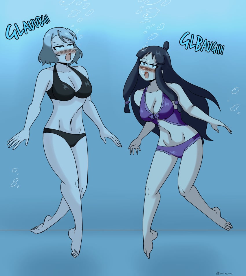 2girls ace_attorney asphyxiation barefoot clothed drowning feet female franziska_von_karma gulping gyakuten_saiban imminent_death maya_fey nude_filter_request rolling_eyes snuff tagme underwater