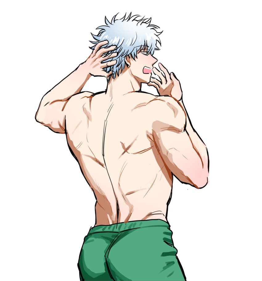ass back_muscles big_ass boxers canomang gintama gintoki_sakata male male_only muscular muscular_male rear_view scars solo topless topless_male underwear white_hair yawn yawning