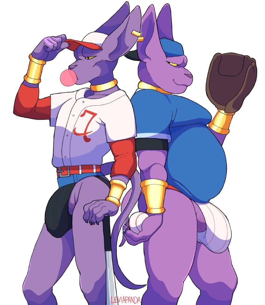 alien anthro ass baseball baseball_cap baseball_glove baseball_uniform beerus belly big_bulge brother_(lore) brothers_(lore) bubble_gum bulge champa clothed clothing domestic_cat dragon_ball dragon_ball_super duo felid feline felis hat headgear headwear hi_res jockstrap leviapanda male male/male mammal overweight pantsless purple_body sibling_(lore) underwear
