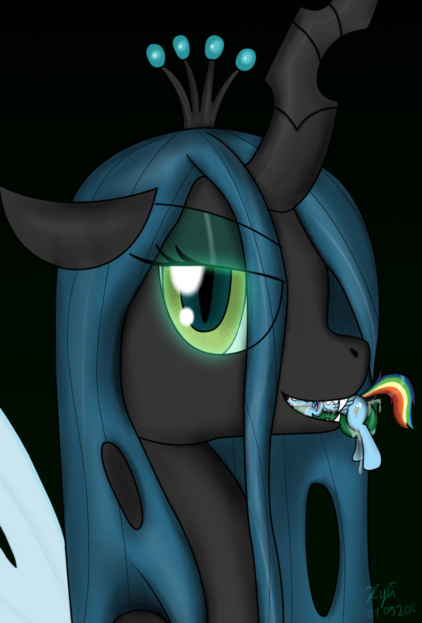 anus changeling feeding female feral friendship_is_magic green_eyes horn licking macro my_little_pony pussy queen_chrysalis_(mlp) rainbow_dash_(mlp) size_difference tongue vore wings xyi