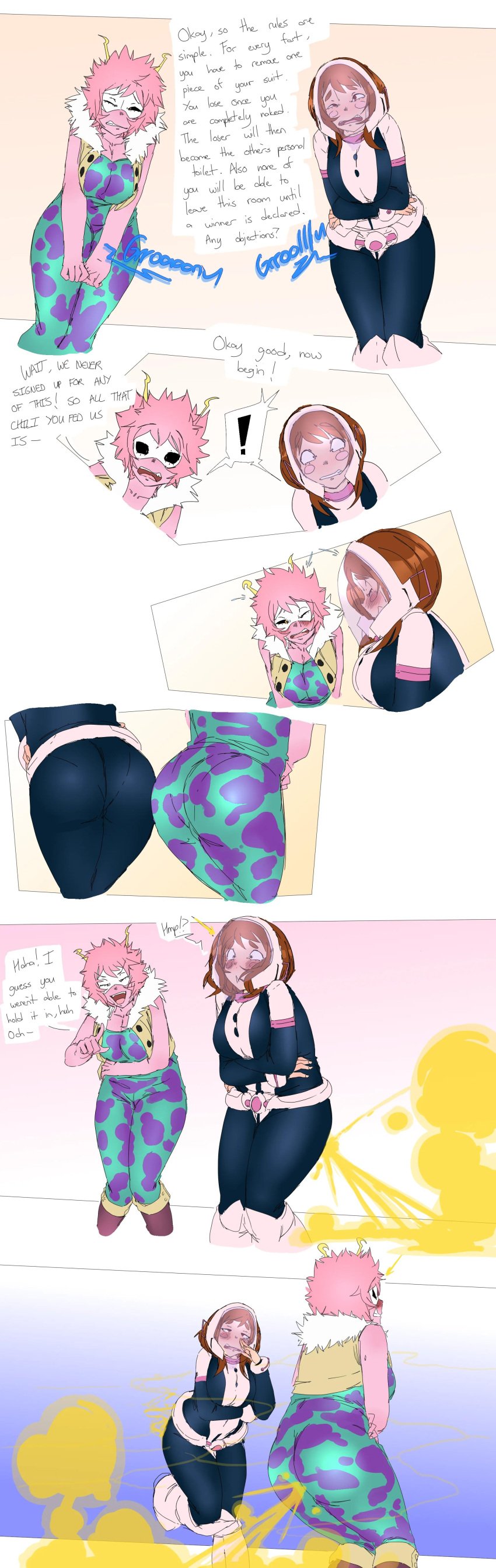 2d 2girls about_to_fart accident blush comic contest dialogue embarrassed fart fart_fetish fat_ass female lazei mina_ashido my_hero_academia ochako_uraraka stinky stripping text thick_thighs
