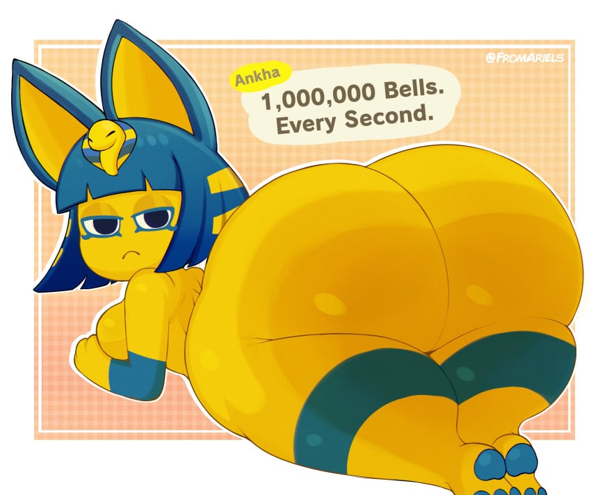 1girls animal_crossing ankha ankha_(animal_crossing) ass big_ass big_butt blue_hair breasts cat_ears dialogue egyptian feline female fromariels frown furry looking_back nintendo nude pawpads paws thicc thick_ass thick_thighs thighs yellow_fur