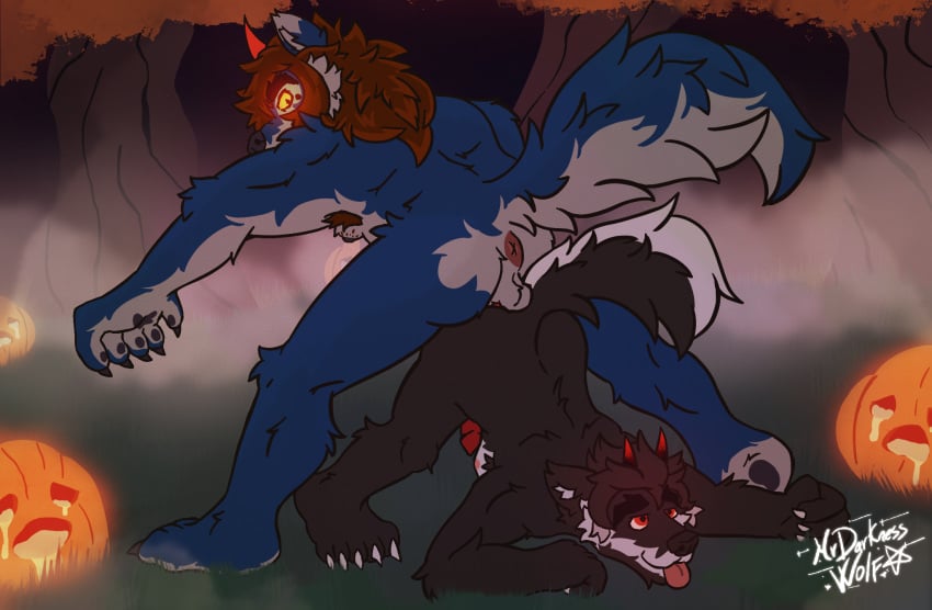anus bound bound_together canid canine canis dantalos demon duo food fruit glowing glowing_eyes hi_res hybrid jack-o'-lantern knot knotting looking_at_viewer looking_back looking_back_at_viewer looking_pleasured male male/male mammal monster mrdarknesswolf mrdarknesswolf_(character) mythological_canine mythological_creature mythology plant puffy_anus pumpkin size_difference werecanid werecanine werecreature werewolf wolf yellow_sclera