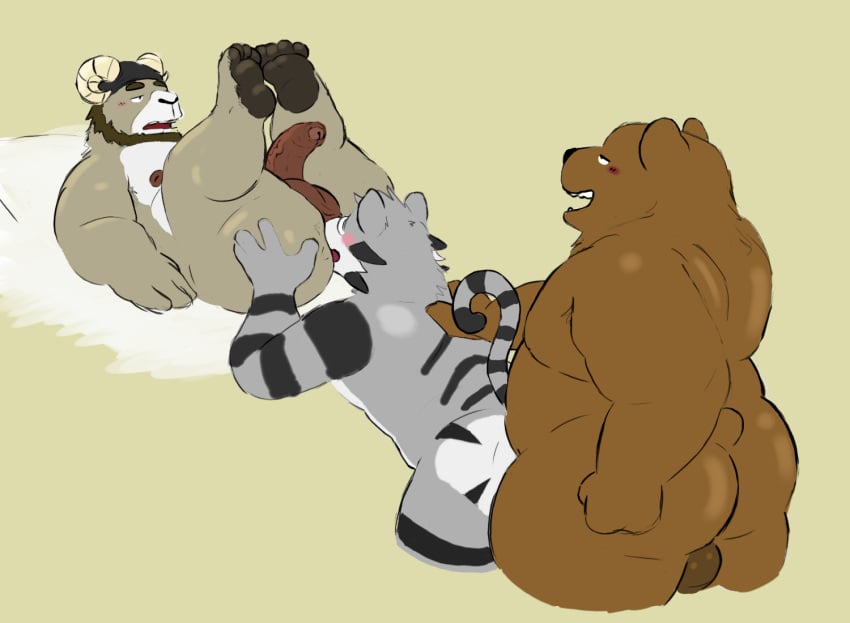 adrian_dough anal anthro anthro_only backsack balls bear bovid caprine carl_hendricks cartoon_network darkened_genitalia echo_(game) echo_(series) echo_project feet felid feline_tail foreskin gay genitals goat grizzly_(we_bare_bears) group hindpaw legs_up lying male male/male mammal on_back oral overweight overweight_male pantherine pawpads paws penis rimming rimming_male sex tiger trio uncircumcised we_bare_bears