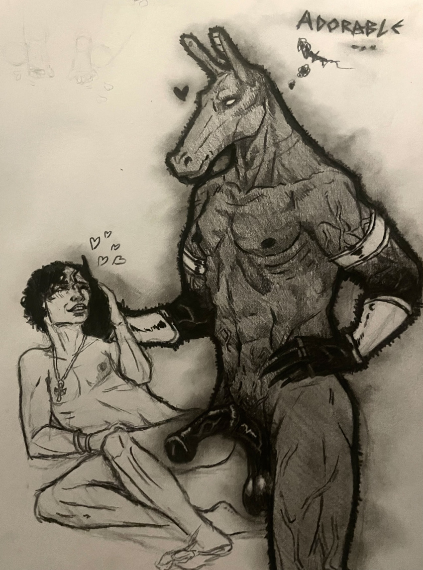 absurd_res adam's_apple ambiguous_gender animal_genitalia animal_penis anthro balls big_dom_small_sub big_penis black_body charcoal_(artwork) deity dominant duo egyptian egyptian_mythology equine_genitalia equine_penis genitals hair heart_symbol hi_res human human_on_anthro imminent_sex interspecies larger_anthro makoyino male male/ambiguous male/male mammal middle_eastern_mythology monochrome muscular mythology penis public_domain saggy_balls set_(deity) set_(species) short_hair size_difference smaller_human teasing traditional_media_(artwork) vein veiny_arms veiny_belly veiny_muscles veiny_penis white_eyes