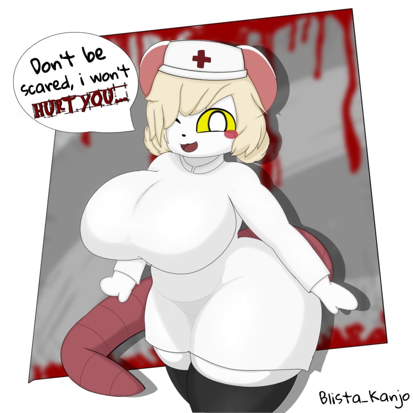 anthro black_clothing black_eyes black_footwear black_legwear black_socks black_stockings black_thigh_highs black_thigh_socks blonde_hair blood blush bodily_fluids breasts clothing female footwear fur furry hair hat headgear headwear heart_symbol hi_res legwear lorna_(terrible_mouse) mammal mouse murid murine nurse nurse_clothing nurse_headwear rat rodent smile socks solo stockings tail terrible_mouse thigh_highs thigh_socks white_body white_fur yellow_eyes zygardecruiser75
