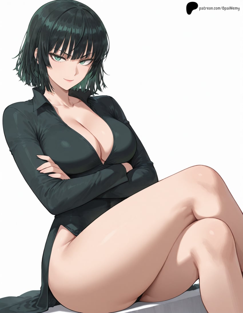 1girls ai_generated ass breasts collared_dress crossed_arms crossed_legs dress eyebrows_visible_through_hair female fingernails fubuki_(one-punch_man) green_dress green_eyes green_hair hair_between_eyes hi_res high_quality high_resolution highres huge_breasts large_breasts legs light_smile lips looking_at_viewer naughty_face nose one-punch_man opal_nemy patreon patreon_logo plain_background self_upload sfw shadow short_hair simple_background sitting smile thick_thighs thighs watermark white_background