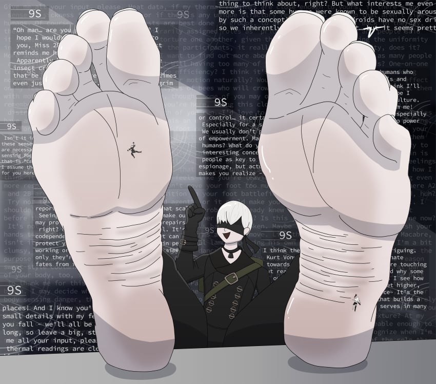1boy 2girls blindfold clothed clothing clubvelvet english_text feet feet_focus female femboy foot_fetish foot_focus giant giant_femboy giant_male light-skinned_female light-skinned_male light_skin macro male male_focus micro nier nier:_automata short_hair shrunk shrunken_woman size_difference text trap white_hair yorha_2b yorha_9s yorha_a2