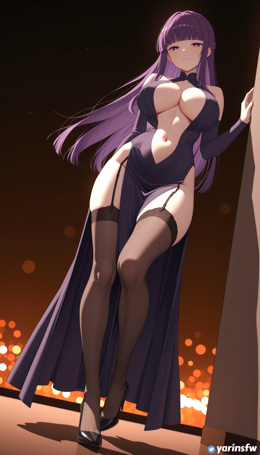 1girls ai_generated big_breasts breasts breasts clothed clothing dress female fern_(sousou_no_frieren) frieren_beyond_journey&#039;s_end head_tilt high_heels hips leaning looking_at_viewer looking_down purple_eyes purple_hair revealing revealing_clothes seductive sexy sexy_pose shoulders smile smiling sousou_no_frieren stockings thighhighs thighs