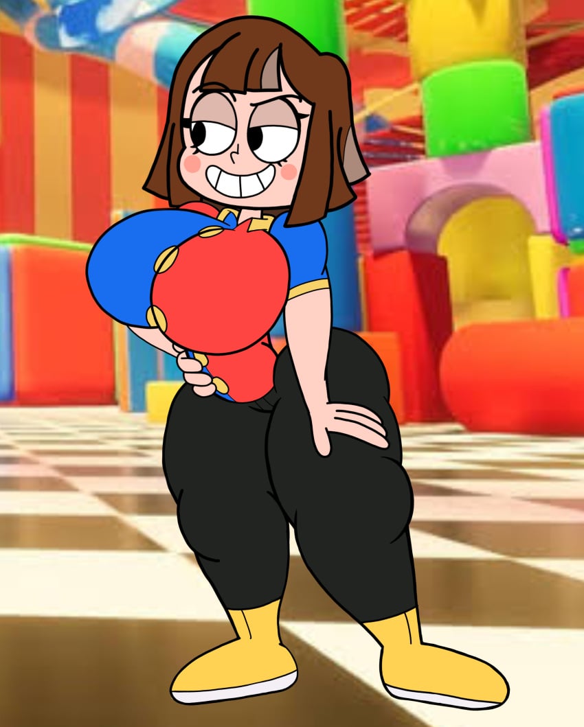 ass_grab breasts brown_hair evil evil_female evil_smile light-skinned_female pomni pomni_(tadc) pomni_(the_amazing_digital_circus) pomni_human_(hornstromp) robin2024_(artist) sunrise tennis_shoes the_amazing_digital_circus