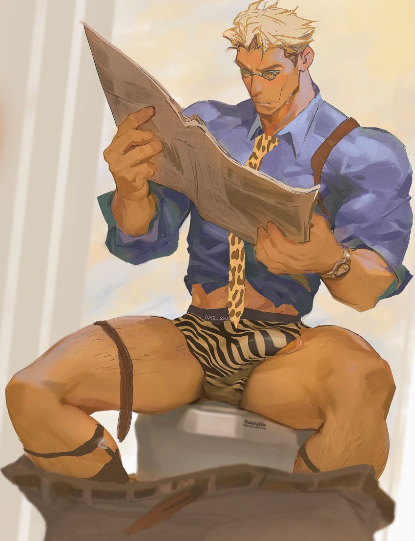 1boy bara blonde_hair bulge goggles jujutsu_kaisen kento_nanami male male_focus male_only muscular muscular_male newspaper pants_down penis_peek shirt solo solo_male thighs tie underwear wristwatch yangtuokawayi