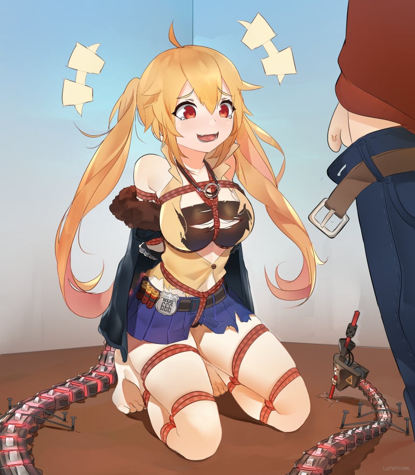 1boy absurdres ahoge arms_behind_back bare_shoulders blonde_hair bondage bound bound_arms bound_legs breasts crotch_rope female frogtie gag gag_around_neck girls&#039;_frontline highres humiliation kneeling long_hair lumpychan m870_(girls&#039;_frontline) m870_(girls_frontline) male mechanical_tail medium_breasts miniskirt open_mouth penis penis_face red_eyes restrained ring_gag shibari_over_clothes shirt sitting skirt sleeveless sleeveless_shirt small_penis small_penis_humiliation tail teeth tongue torn_clothes twintails ungagged unworn_gag very_long_hair