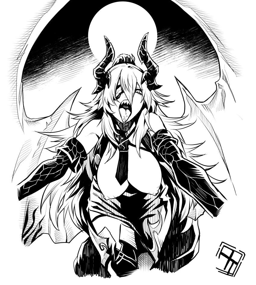 alchemy_stars bending_forward bending_over big_breasts breasts breasts_out eyepatch grayscale horns leona_(alchemy_stars) monochrome night tie tongue_out