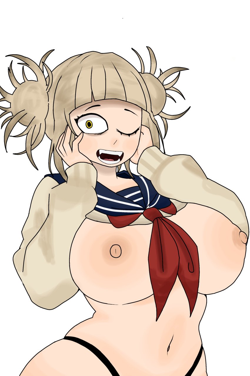 :v big_breasts digital_drawing_(artwork) digital_media_(artwork) fangs hair_bun hair_buns half-dressed himiko_toga looking_at_viewer my_hero_academia not_minus school_uniform white_background yellow_pupils