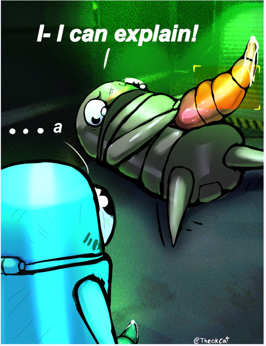 absurd_res big_penis blush bodily_fluids border crying duo genital_fluids genitals hi_res humanoid machine male male/male non-human non-human_only penis precum r.e.p.o. robot semibot tears theok_arts toony unusual_penis white_border