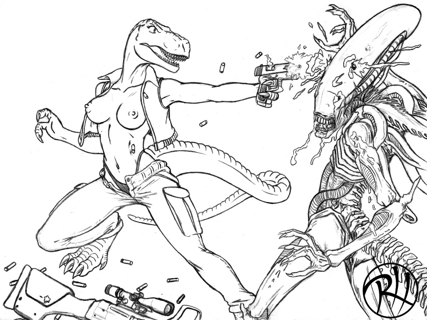 alien alien_(franchise) blood breasts dinosaur dinosaur_girl female gun highleg_panties no_bra panties predaguy ranged_weapon scalie sniper tail tyrannosaurus underwear weapon xenomorph