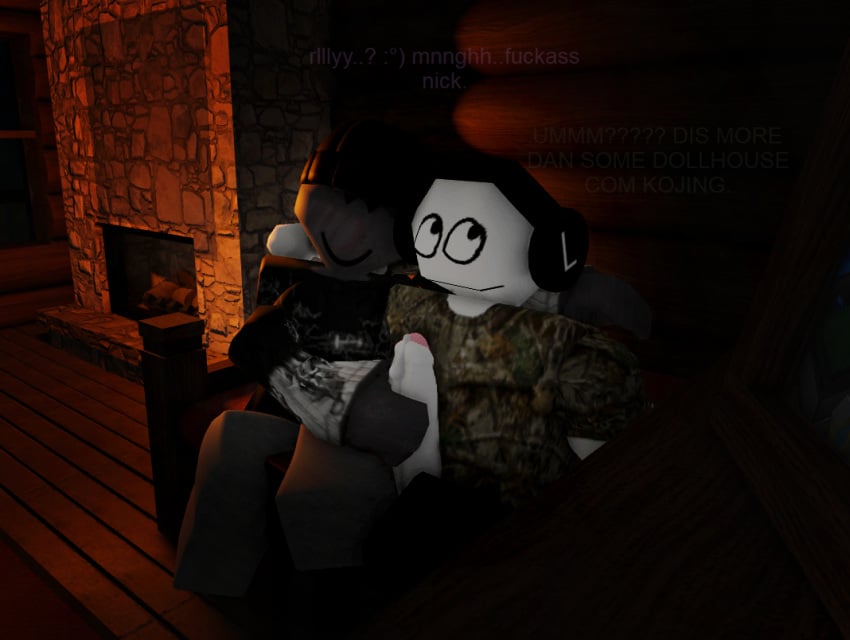 1boy 1girls 3d :) beanie bed cabin campfire cum dialogue duo epic_face female gray_body gray_skin hat headphones headwear jerkingoff_another kojing_(workos) krow_(workos) male masturbating_other oc original_character penis roblox robloxian sitting smile smiling source_request text transgender transgender_woman white_body white_skin workos