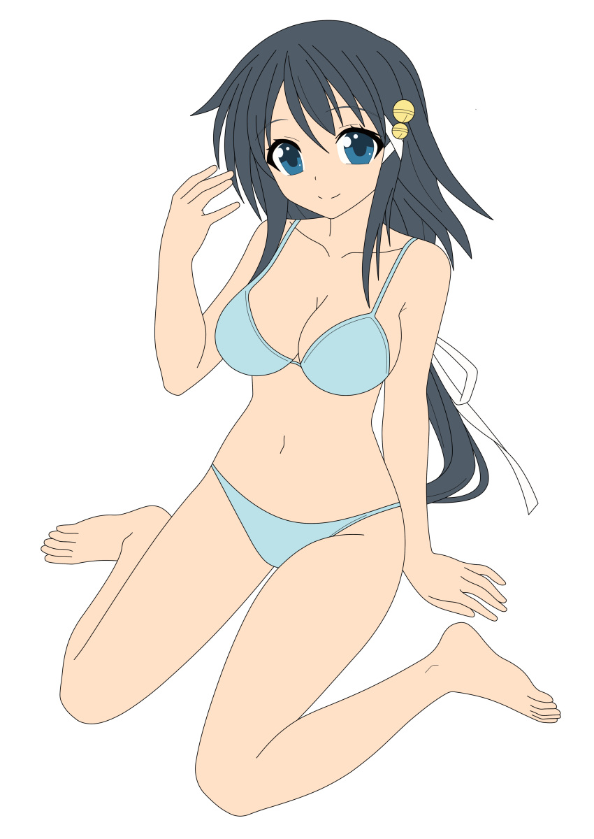 1girls bikini black_hair blue_eyes breasts busakumas busty female highres kazane_hiyori legs photoshop pointy_chin smile sora_no_otoshimono swimsuit thighs vector_trace