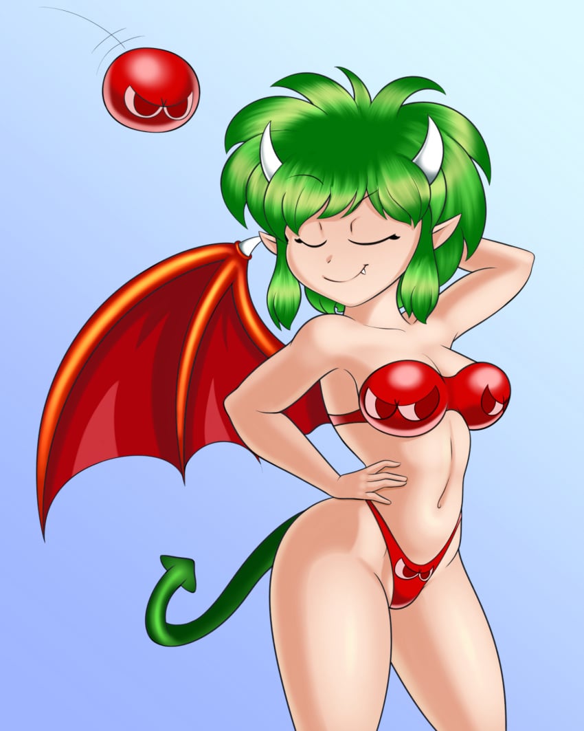 1girls 2021 alternate_version_available bikini bra closed_eyes clothing draco_centauros fangs female green_hair horn light-skinned_female light_skin navel panties partially_clothed puyo_(puyopuyo) puyo_puyo red_puyo short_hair sleepiitreat smile tail wings