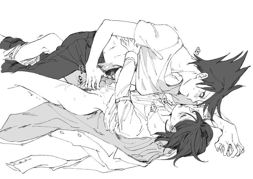 blush danganronpa danganronpa_v3 frottage gay holding_hands jacking_off_together male male/male male_focus male_only partially_clothed penis penises_touching yaoi