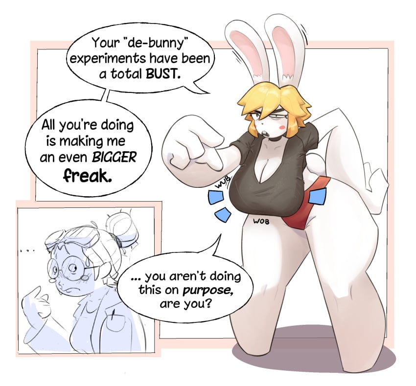 2girls angry anthro blonde_hair bottom_heavy bra_visible_through_clothes breast_expansion cleavage comic dimpindot female furry hand_on_hip huge_ass huge_breasts huge_thighs implied_breast_expansion lagomorph long_breasts oc panties sagging_breasts scientist short_hair t-shirt white_fur
