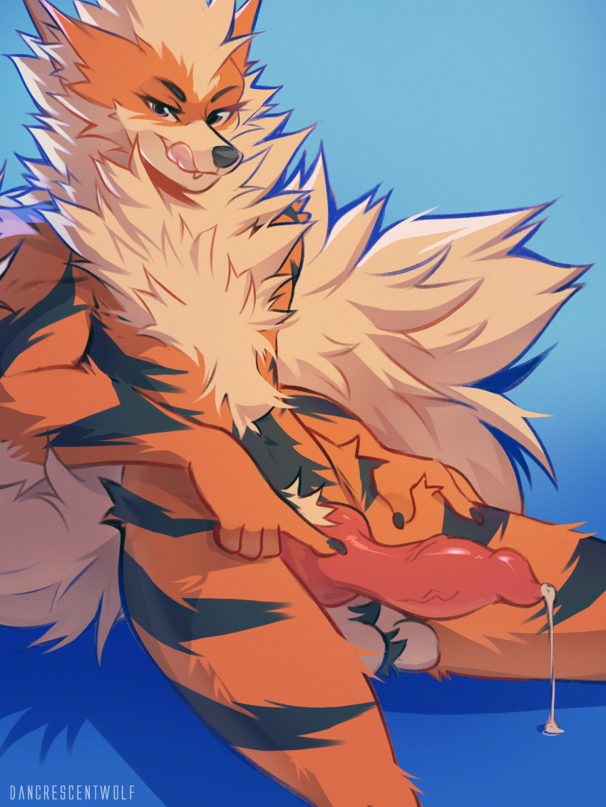 absurd_res animal_genitalia animal_penis anthro arcanine ball_tuft balls big_penis bodily_fluids canid canine_genitalia canine_penis dancrescentwolf dripping erection fluffy fluffy_chest fluffy_tail front_view fur generation_1_pokemon genital_fluids genitals hi_res knot licking licking_lips looking_at_viewer male mammal nintendo orange_body orange_fur penis pokemon pokemon_(species) precum precum_drip seductive sitting solo tail tongue tongue_out tuft