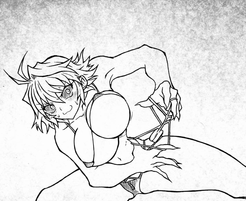 :3 ahoge arcueid_brunestud big_breasts bikini blush bouncing_breasts enormous_breasts holding_object large_breasts melty_blood micro_bikini monochrome nipple_bulge presenting red_arcueid red_eyes rubber_band sharp_claws sharp_fingernails short_hair spiky_hair spread_legs sweat sweating tententensan top_heavy tsukihime type-moon