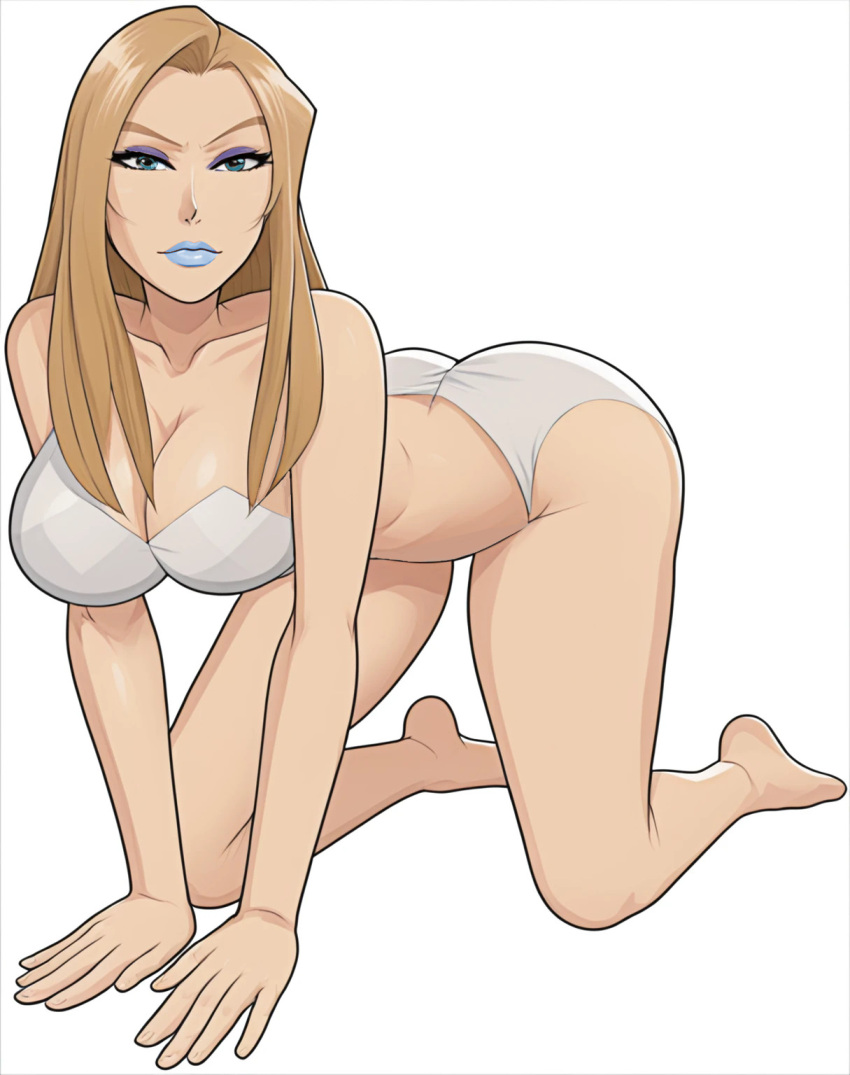 adult adult_female ai_generated blonde_female blonde_hair blue_eyes blue_lipstick emma_frost grey_bra grey_underwear looking_at_viewer manga marvel marvel_comics purple_eyeshadow webart20